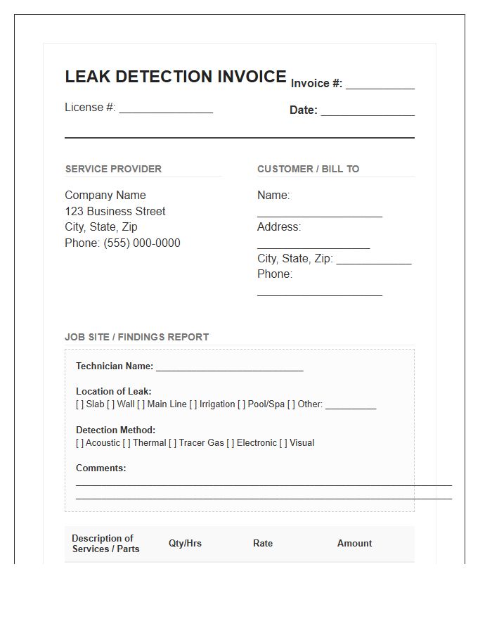 Standard Leak Detection Invoice Template