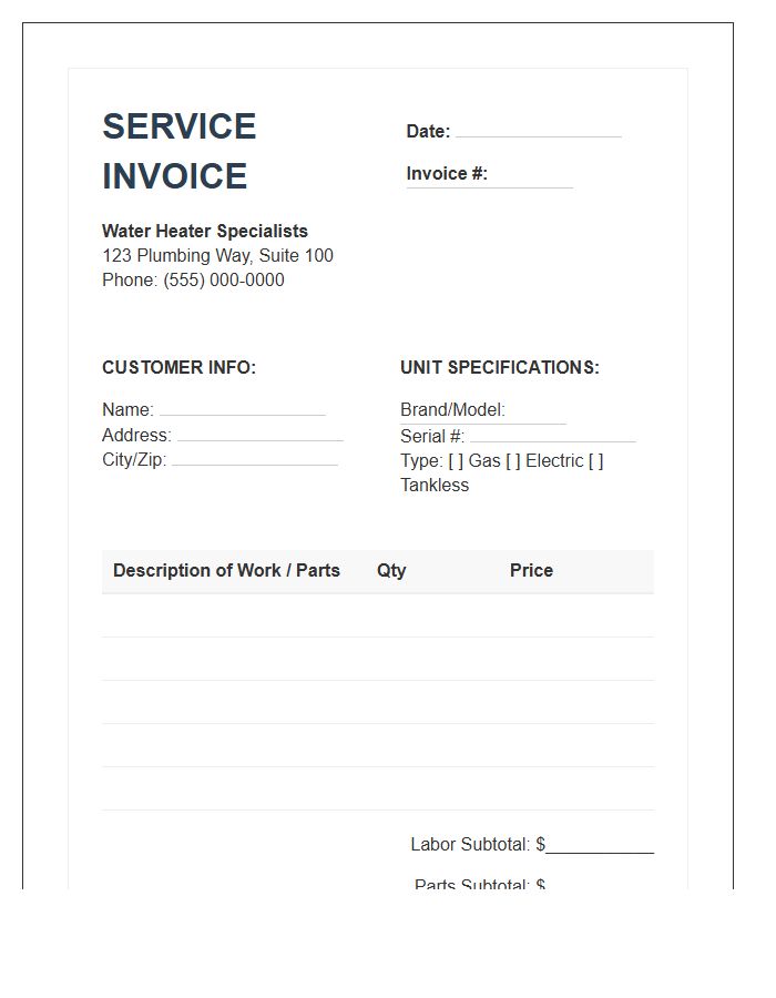 Water Heater Service Invoice Template