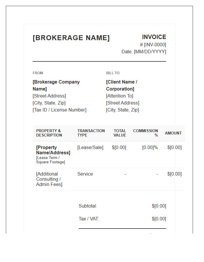 Corporate Real Estate Brokerage Invoice Template