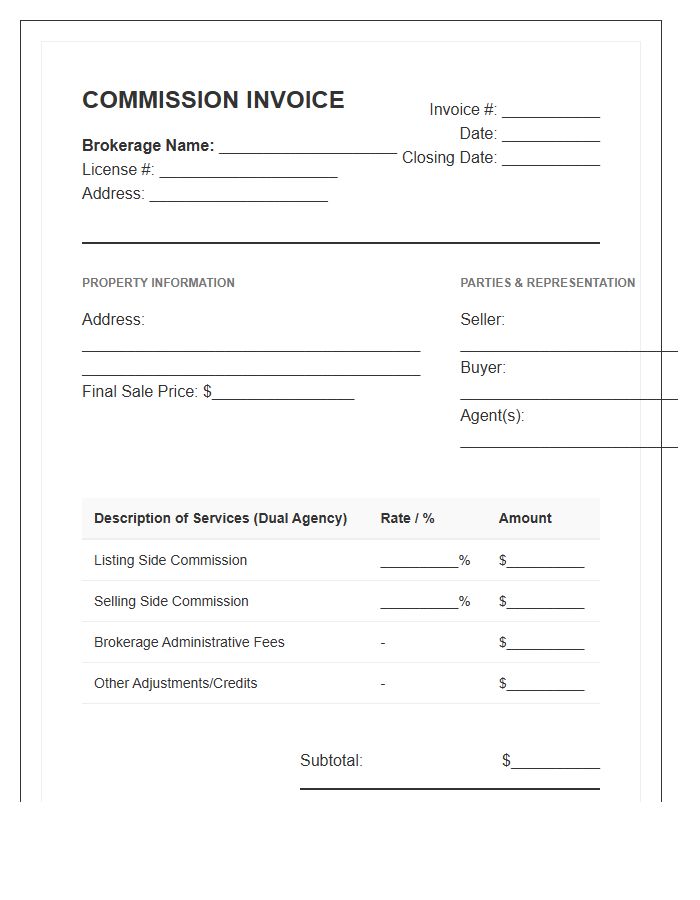 Dual Agency Real Estate Brokerage Invoice Template