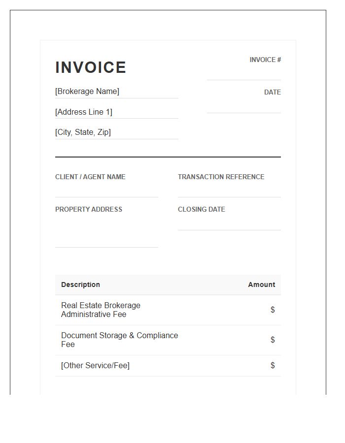 Real Estate Brokerage Administrative Fee Invoice Template