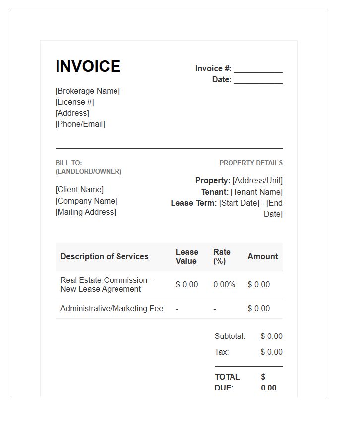 Real Estate Brokerage Leasing Commission Invoice Template