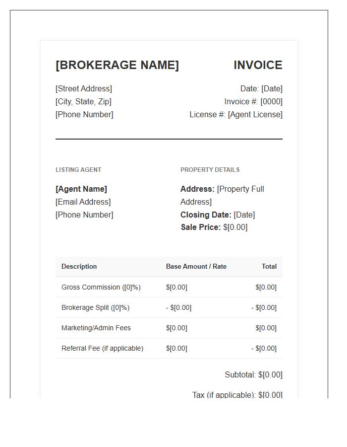 Real Estate Brokerage Listing Agent Invoice Template