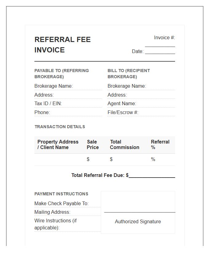 Real Estate Brokerage Referral Fee Invoice Template