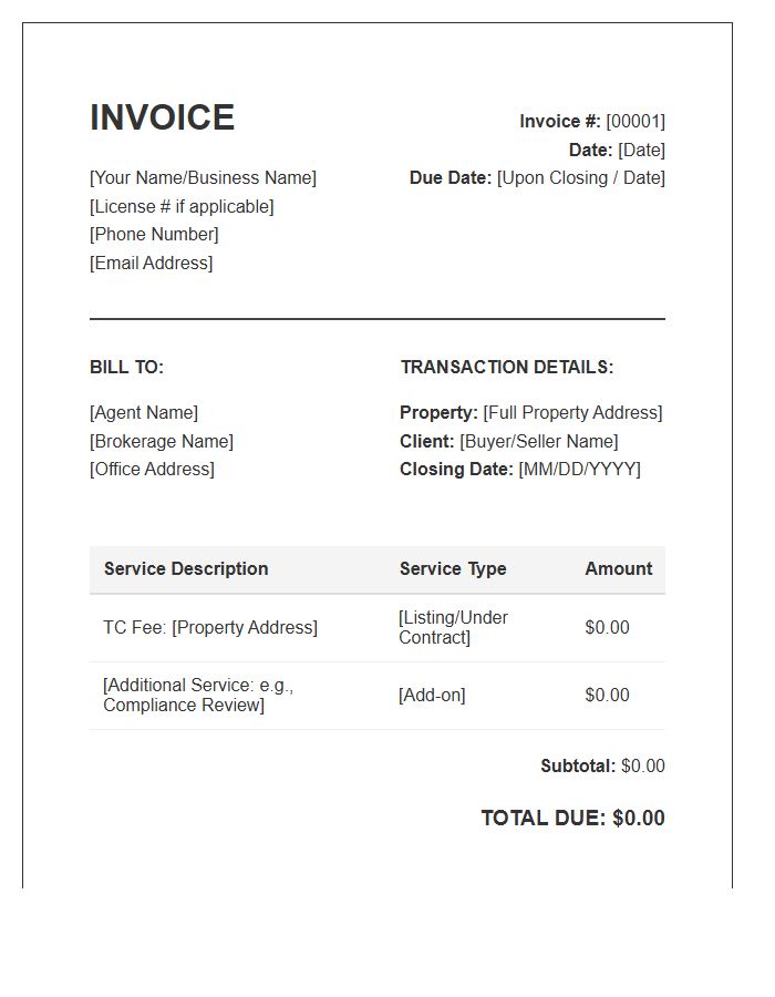 Real Estate Brokerage Transaction Coordinator Invoice Template