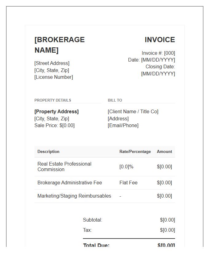 Residential Real Estate Brokerage Invoice Template