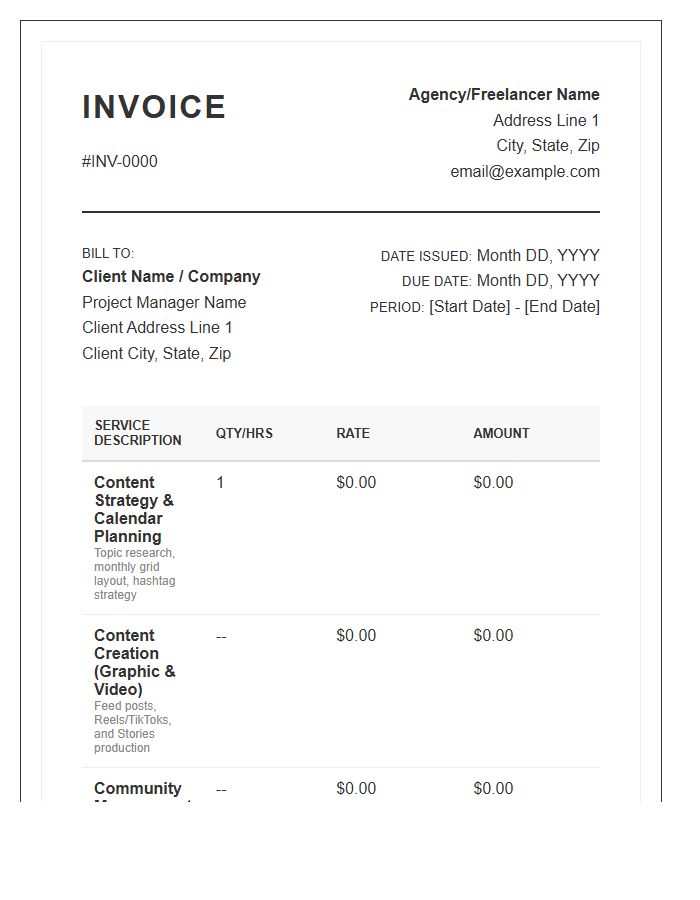 Comprehensive Social Media Package Invoice Template