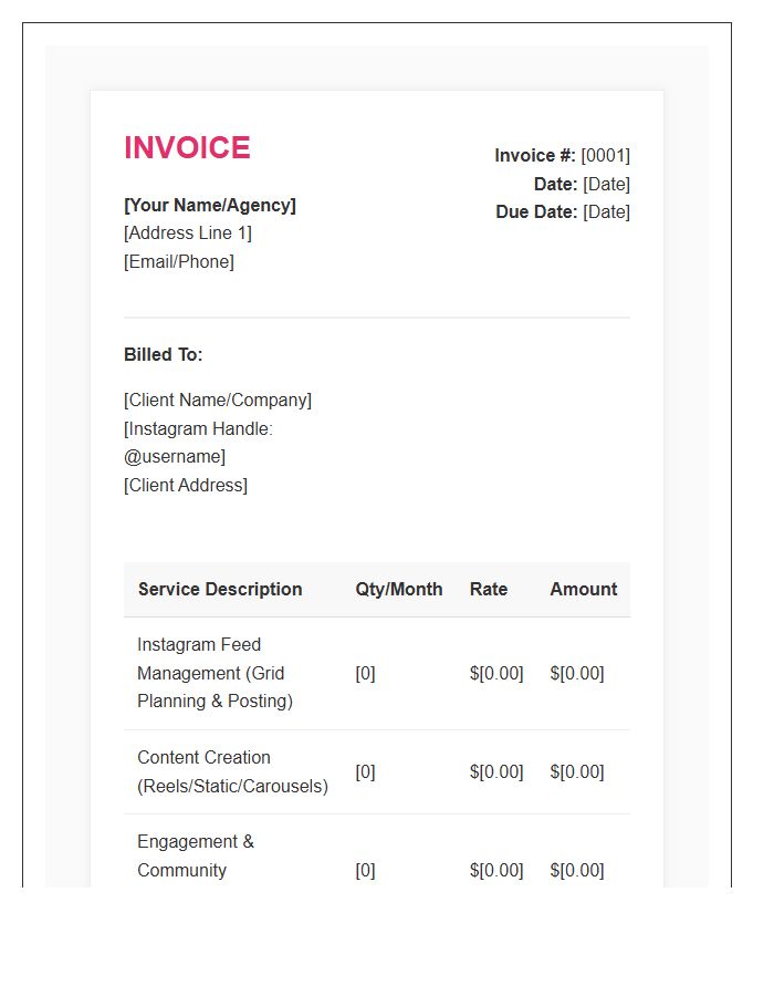 Instagram Management Professional Invoice Template