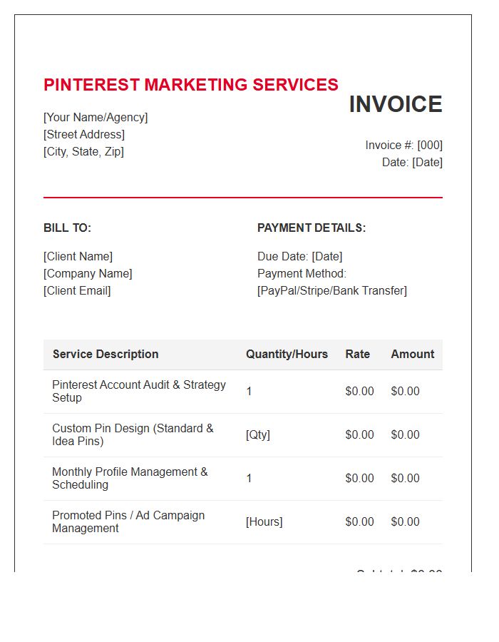 Pinterest Marketing Specialist Invoice Template