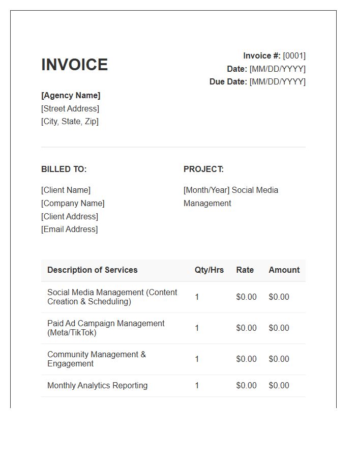 Social Media Agency Monthly Service Invoice Template