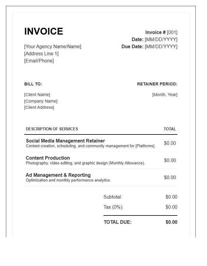 Standard Social Media Retainer Invoice Template