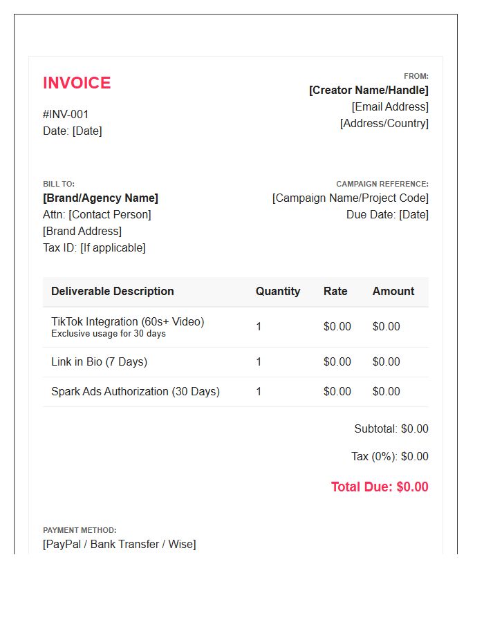 TikTok Creator Partnership Invoice Template