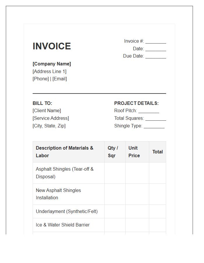 Asphalt Shingle Roofing Installation Invoice Template
