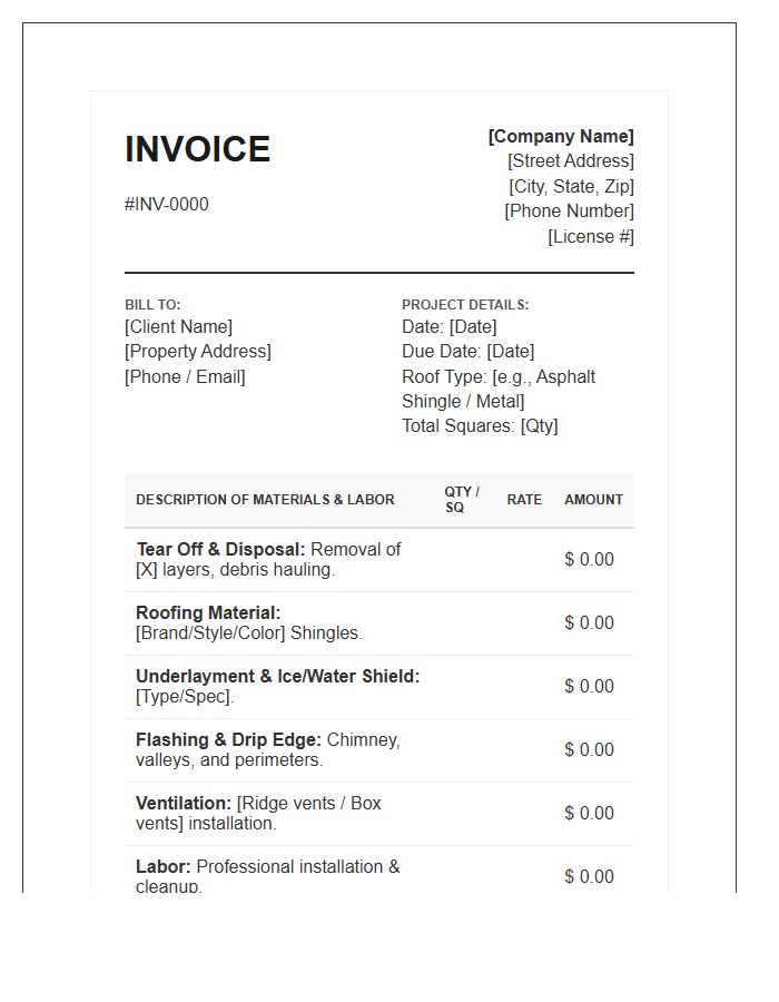 Detailed Residential Roofing Installation Invoice Template