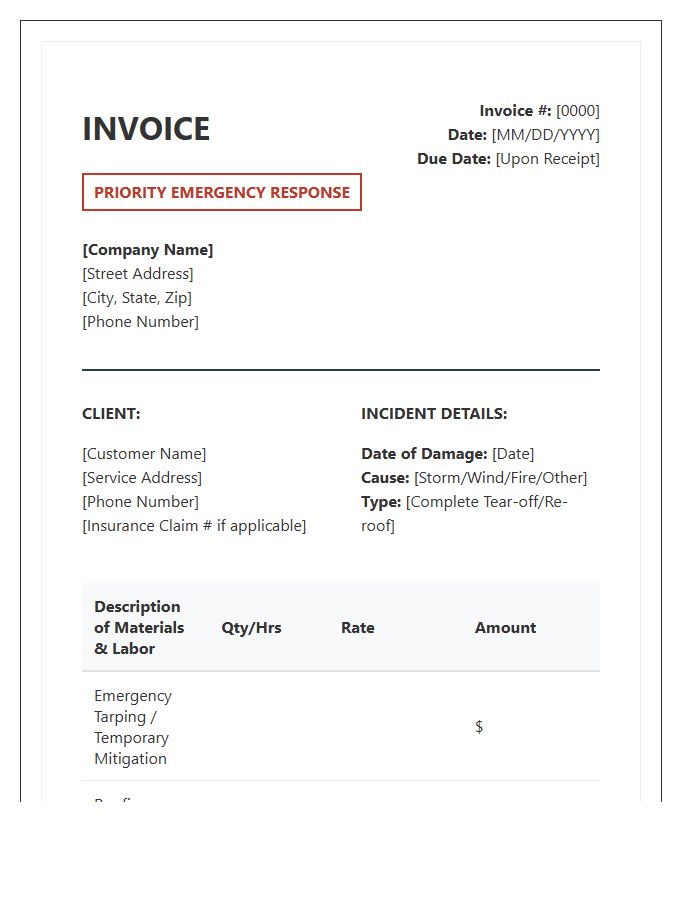 Emergency Residential Roofing Installation Invoice Template