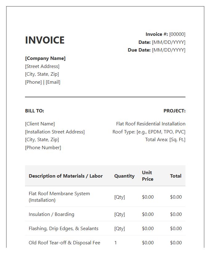 Flat Roof Residential Installation Invoice Template