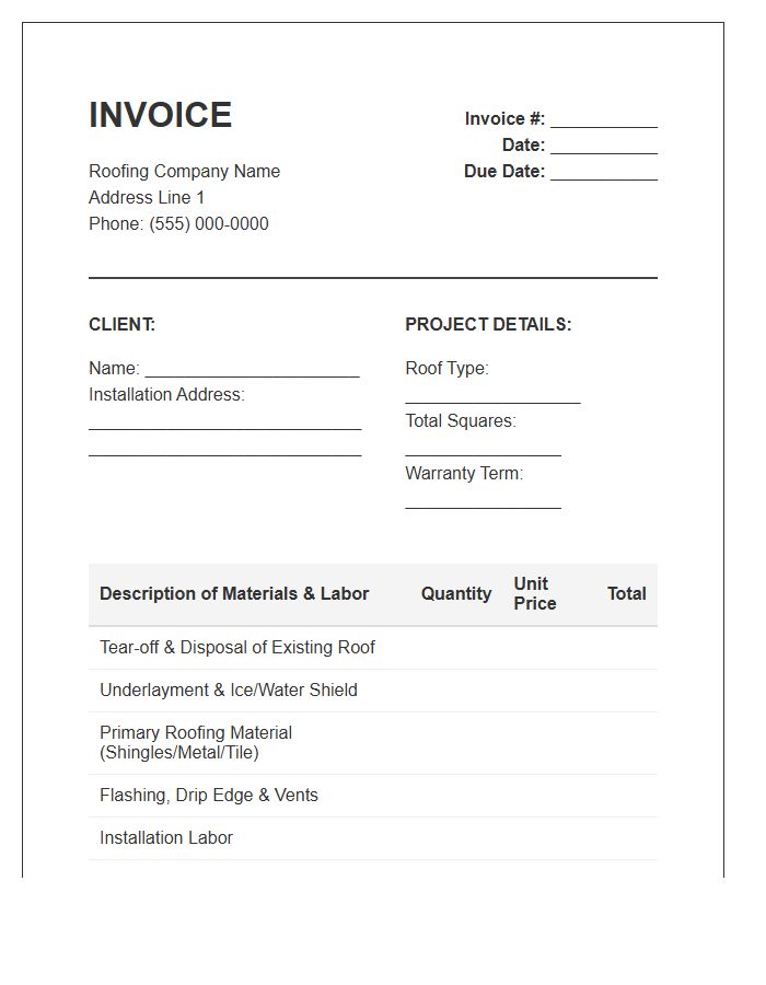 Home Roofing System Installation Invoice Template
