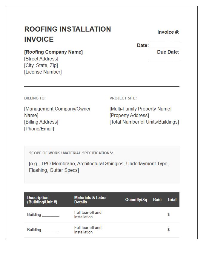 Multi Family Residential Roofing Installation Invoice Template