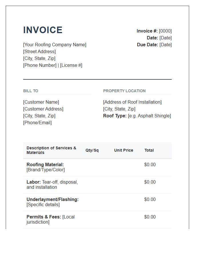Professional Residential Roofing Installation Invoice Template
