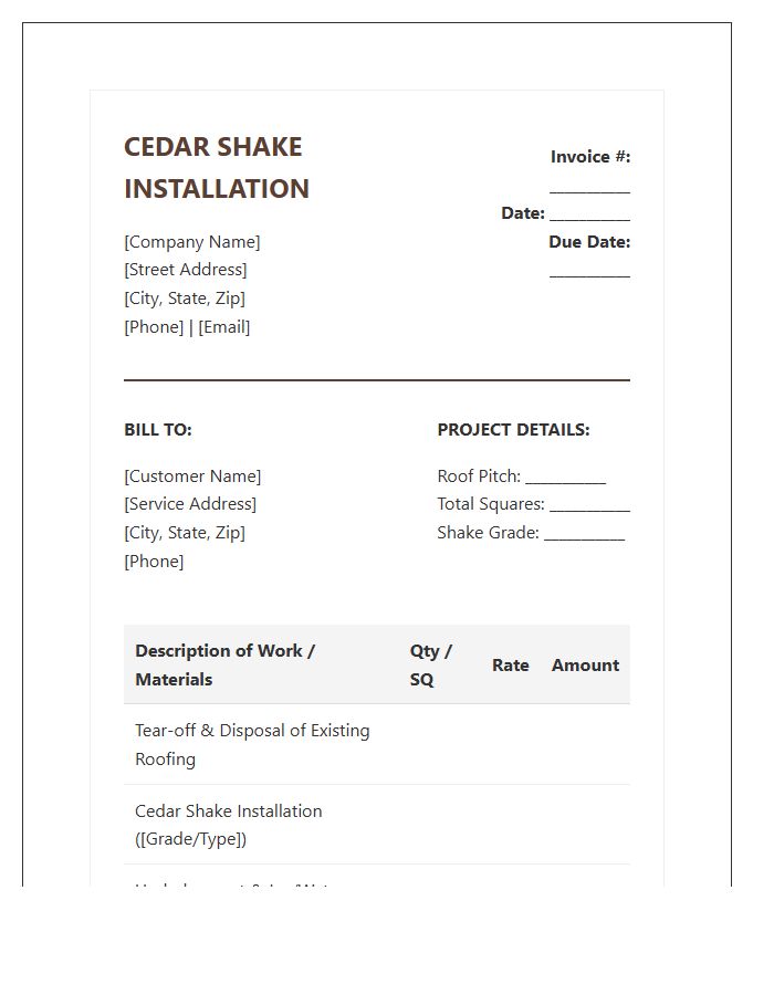 Residential Cedar Shake Installation Invoice Template
