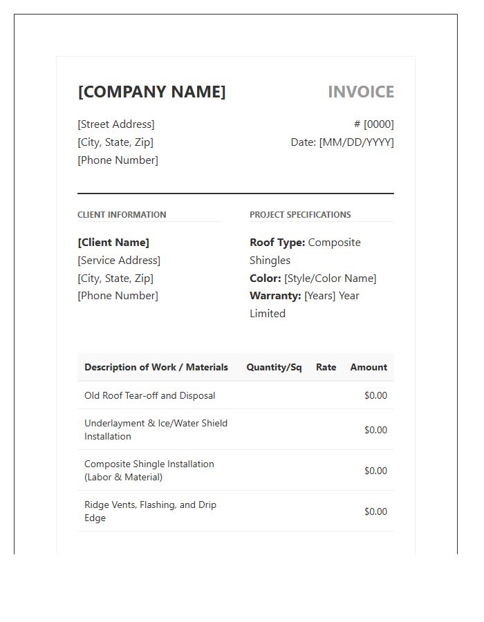 Residential Composite Roofing Installation Invoice Template