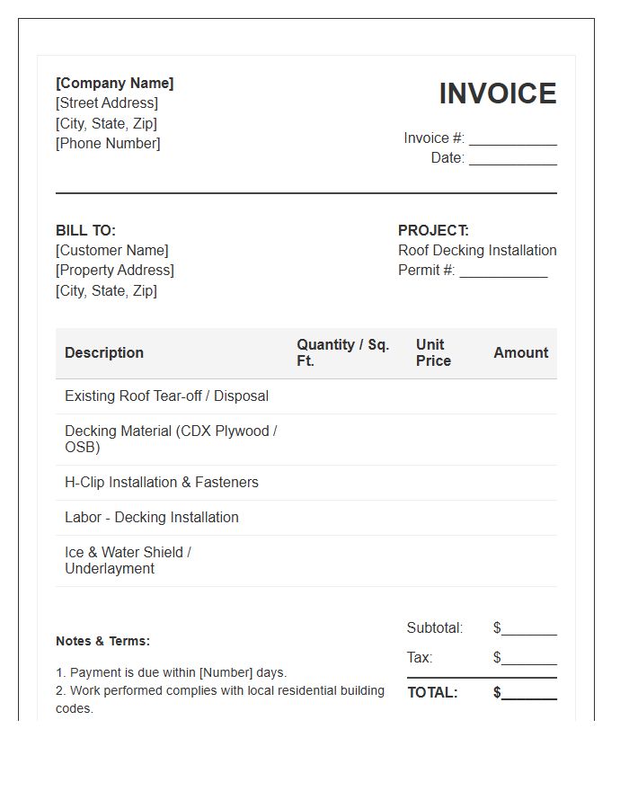 Residential Roof Decking Installation Invoice Template
