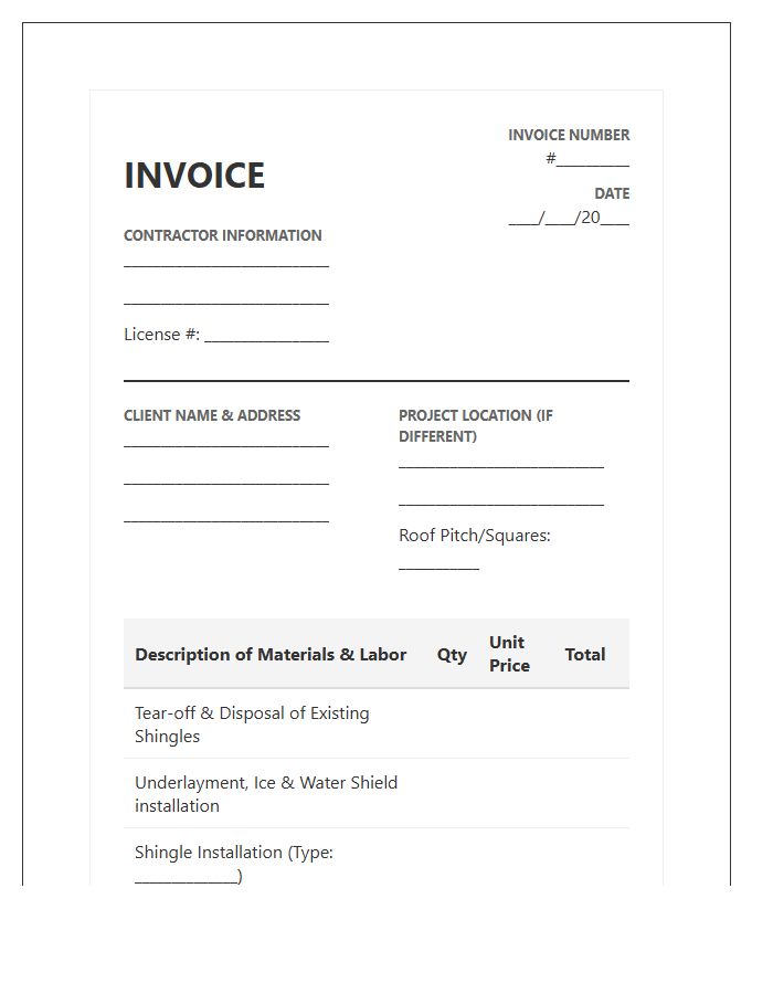 Residential Roof Replacement Service Invoice Template
