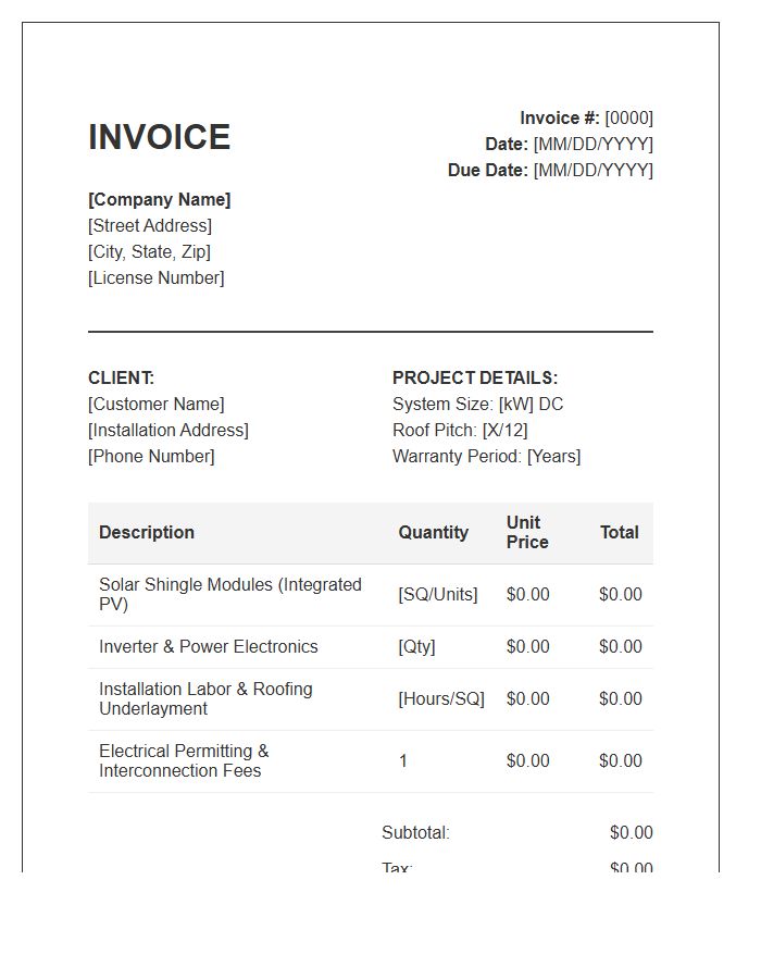 Residential Solar Shingle Installation Invoice Template
