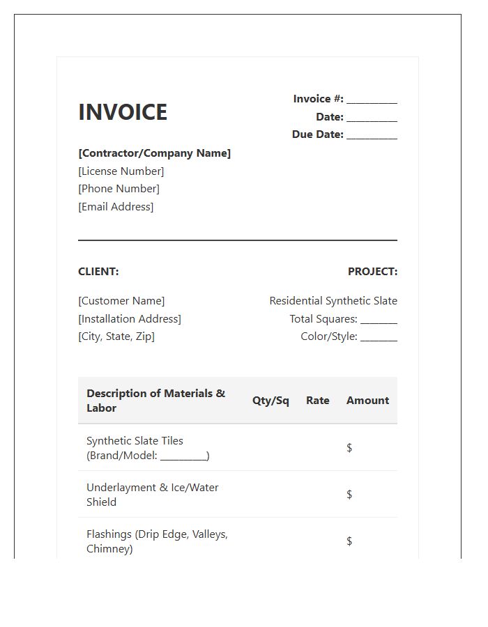 Residential Synthetic Slate Installation Invoice Template