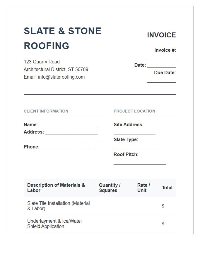 Slate Roofing Installation Invoice Template