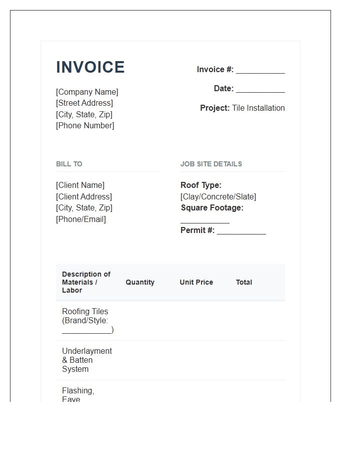 Tile Roofing Installation Invoice Template