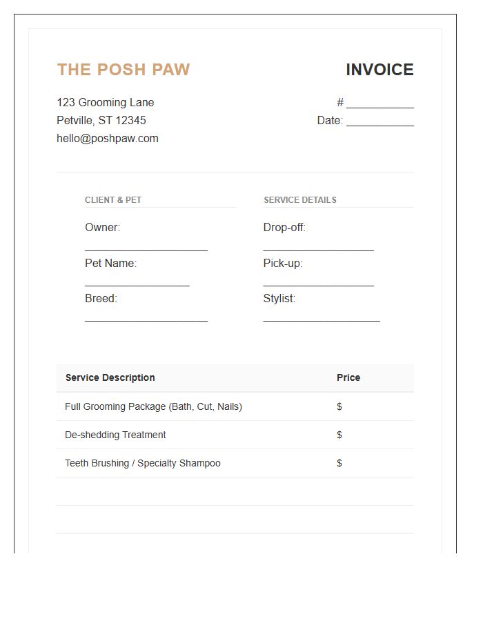Boutique Pet Grooming Salon Invoice Template