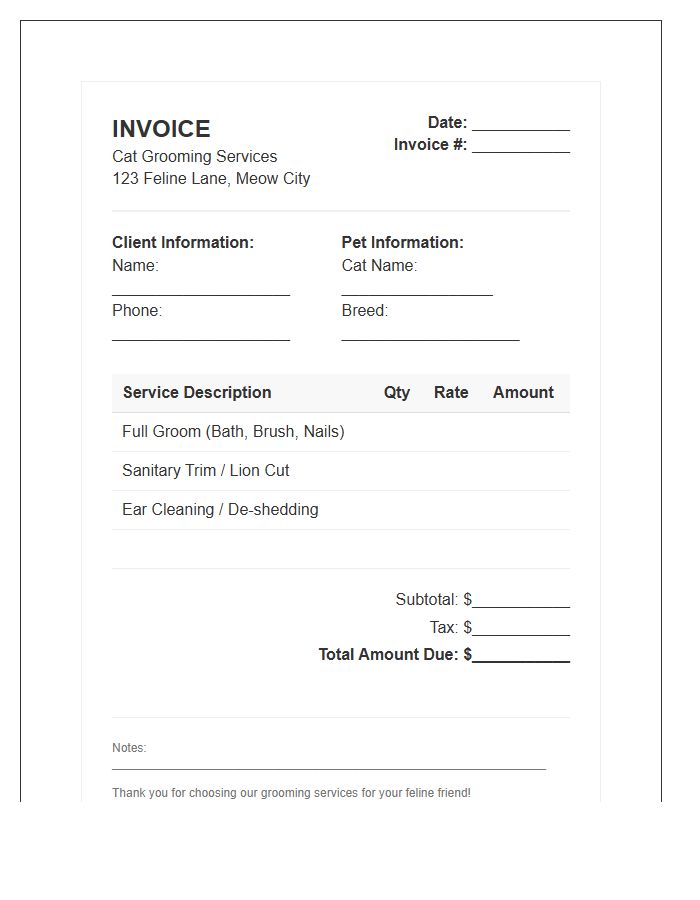 Cat Grooming Service Invoice Template