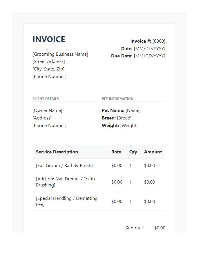 Commercial Pet Grooming Provider Invoice Template