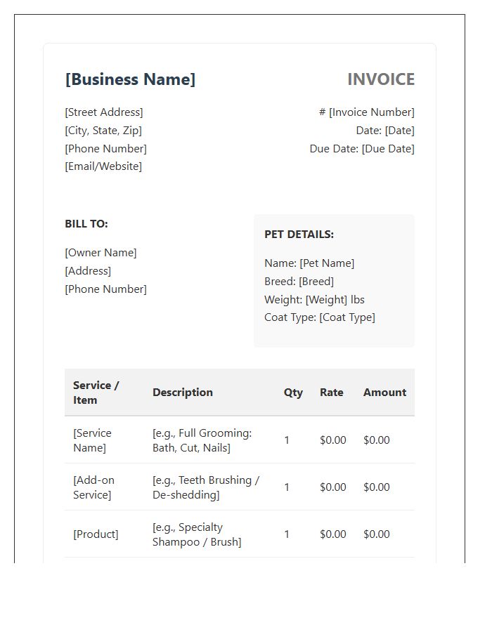 Comprehensive Pet Grooming Business Invoice Template