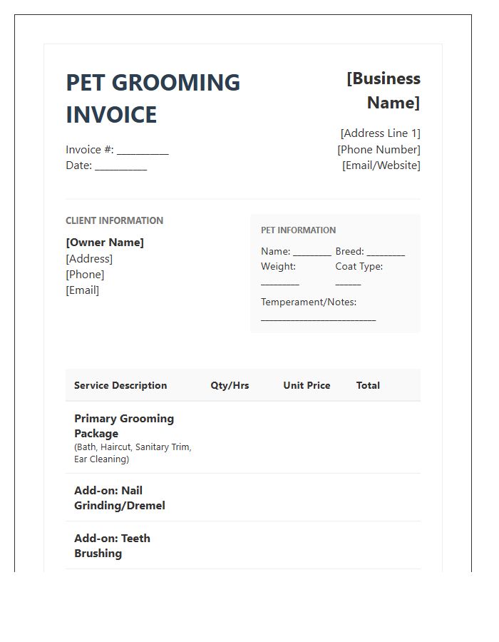 Detailed Pet Grooming Service Invoice Template