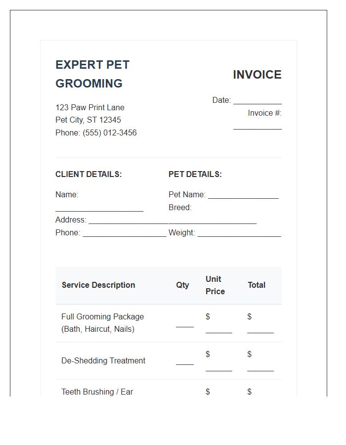 Expert Pet Grooming Service Invoice Template