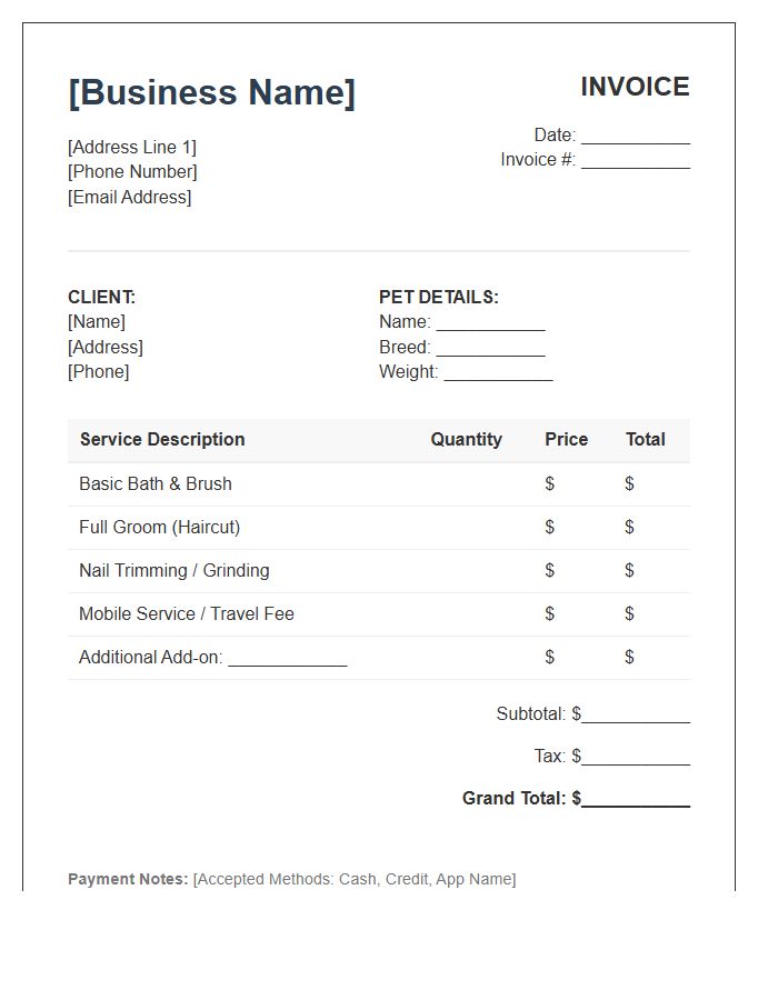 Mobile Pet Grooming Business Invoice Template
