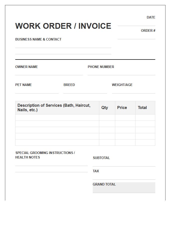 Pet Groomer Work Order Invoice Template