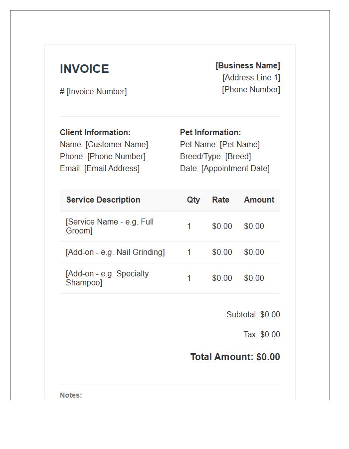 Pet Grooming Appointment Billing Invoice Template