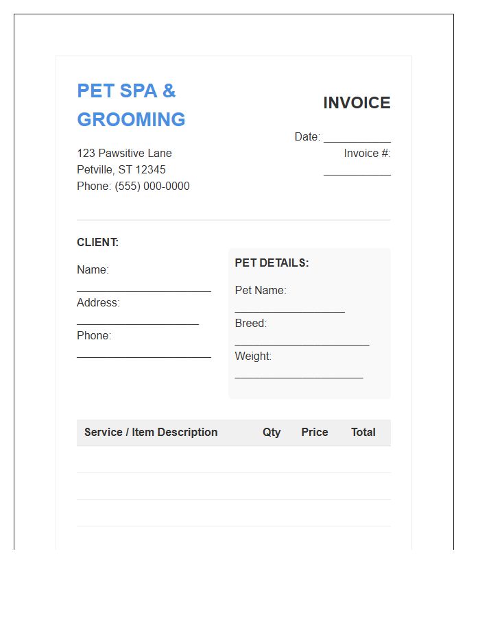 Pet Spa And Grooming Invoice Template