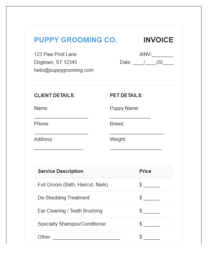 Puppy Grooming Service Invoice Template