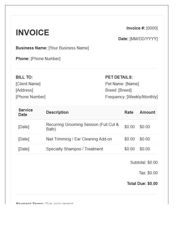 Recurring Pet Grooming Client Invoice Template