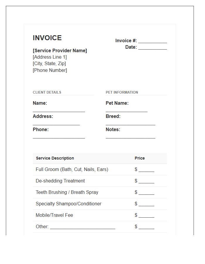 Residential Pet Grooming Service Invoice Template