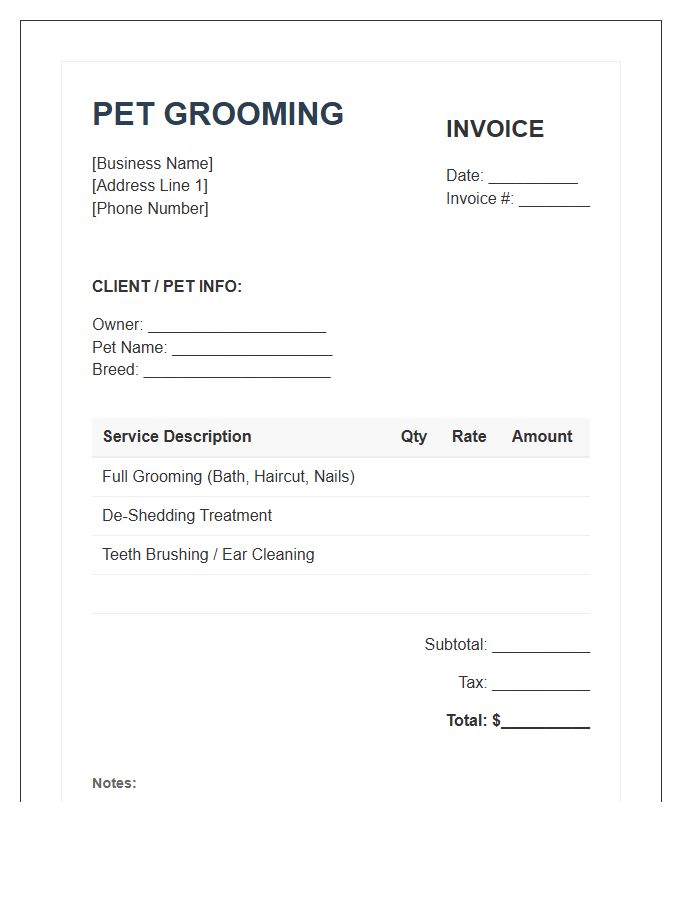 Small Business Pet Grooming Invoice Template