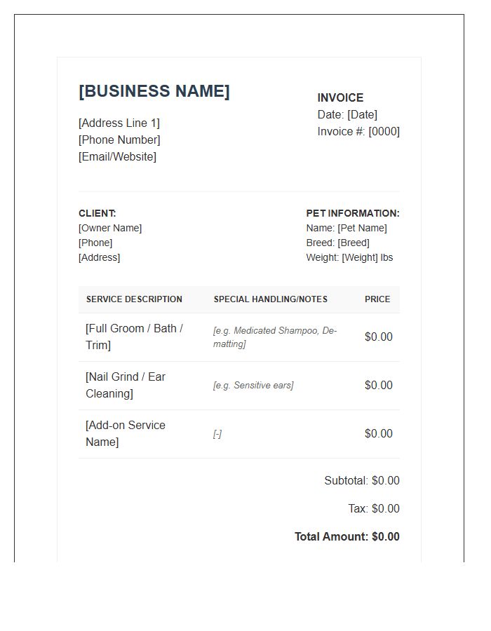 Specialized Pet Grooming Business Invoice Template