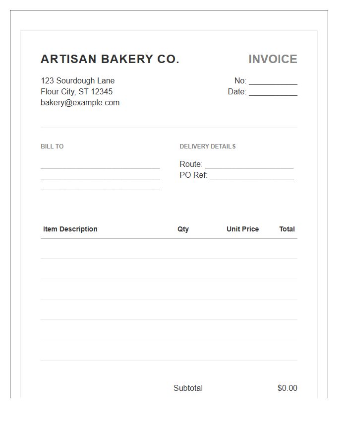 Artisan Bakery Wholesale Invoice Template