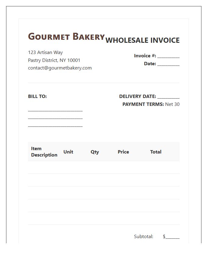 Gourmet Bakery Wholesale Invoice Template