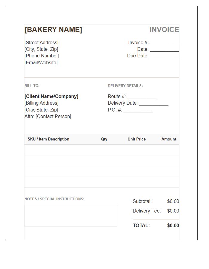 Professional Bakery Wholesale Invoice Template