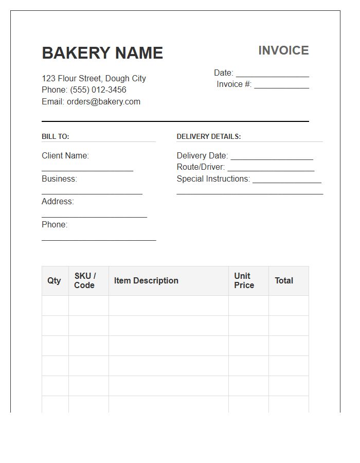 Wholesale Bakery Order Invoice Template